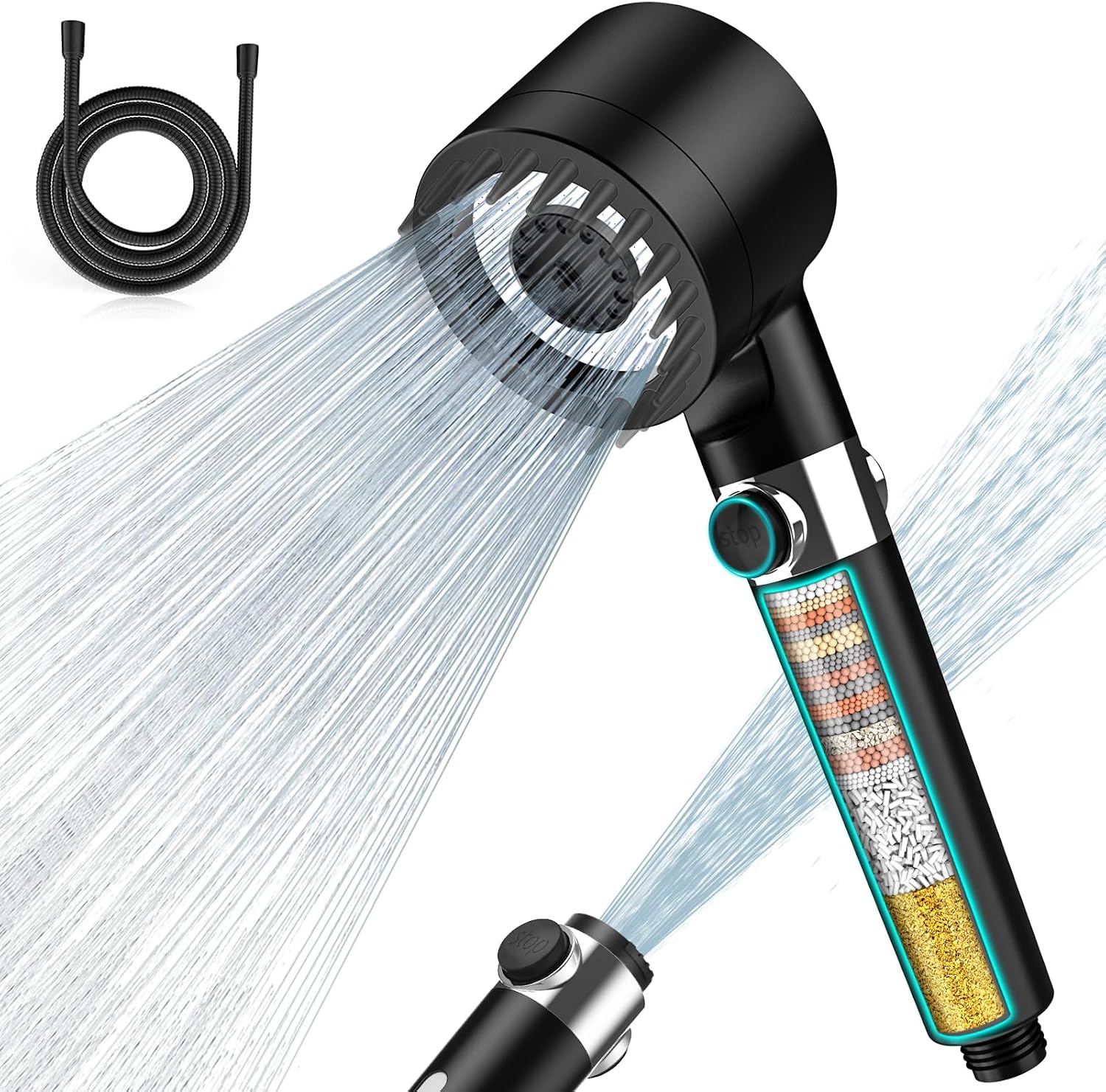 Detalle de MEKO Duschkopf mit Filter & Hochdruck-Handbrause (15-Stufen-Filtration), 1,5 m Schlauch, 3+1 Strahlarten