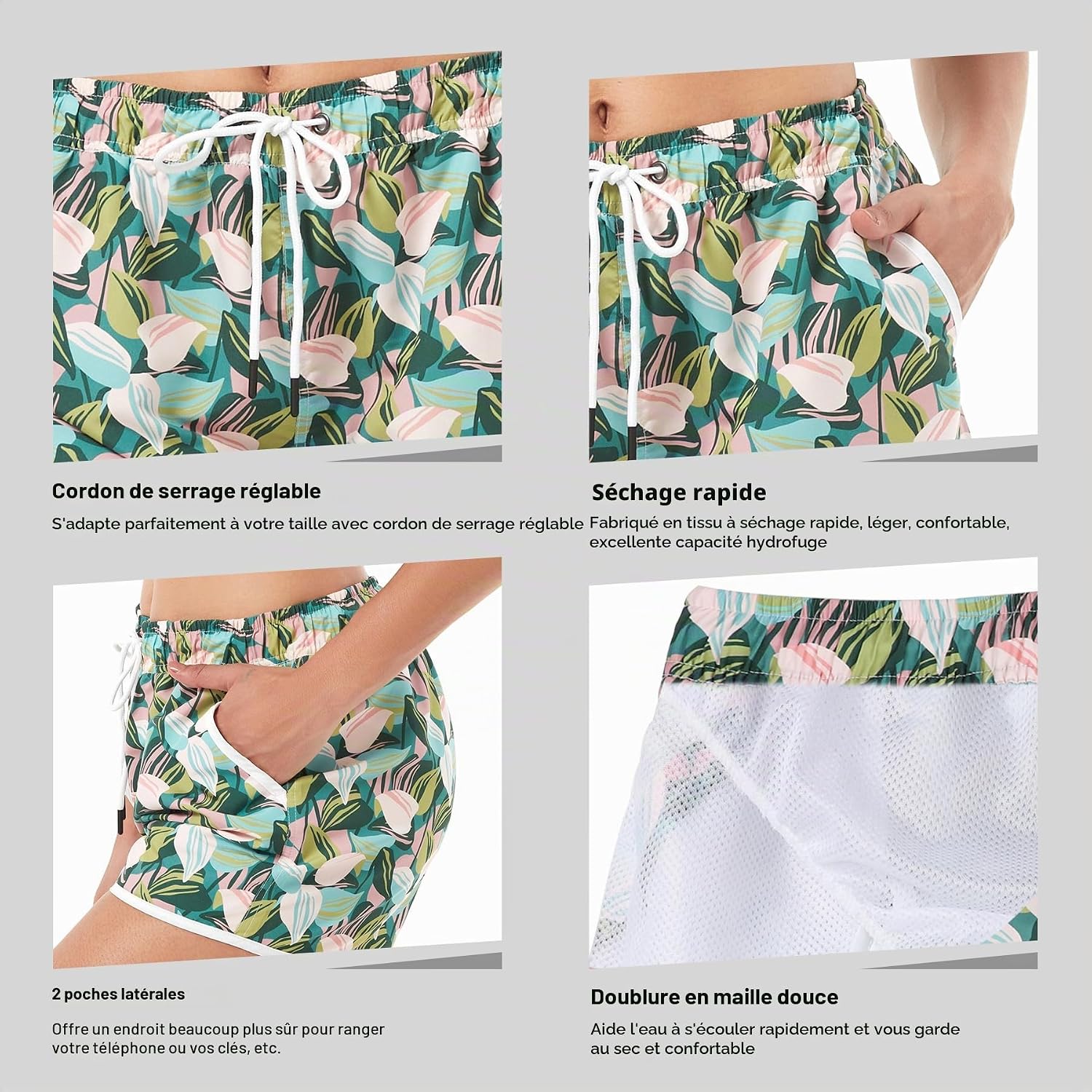Detalle de riemot Short de Bain Femme – Maillot de Bain Shorts Séchage Rapide, Cordons Ajustables et Doublure en Maille