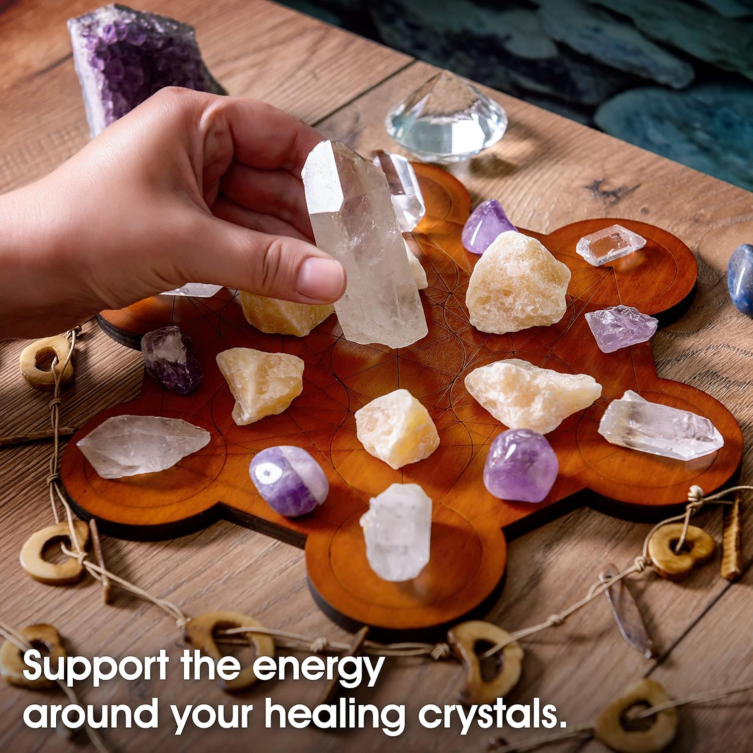 Thumbnail 2 de Curawood Crystal Grid Board – Metatron’s Cube sacred geometry wooden plate (10 inch)