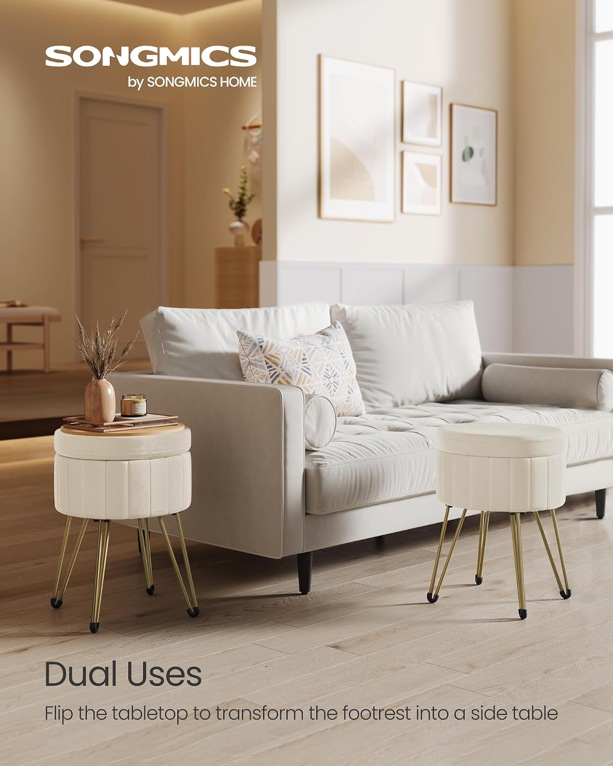 Detalle de SONGMICS Velvet Storage Ottoman Dressing Table Stool 39 x 44.4 cm, Cream White (LOM003W51)