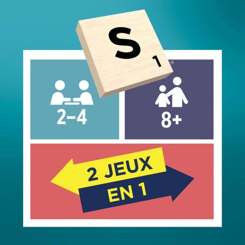 Detalle de Scrabble Classic 2 en 1 reversible de Mattel: juego competitivo y cooperativo en un solo tablero