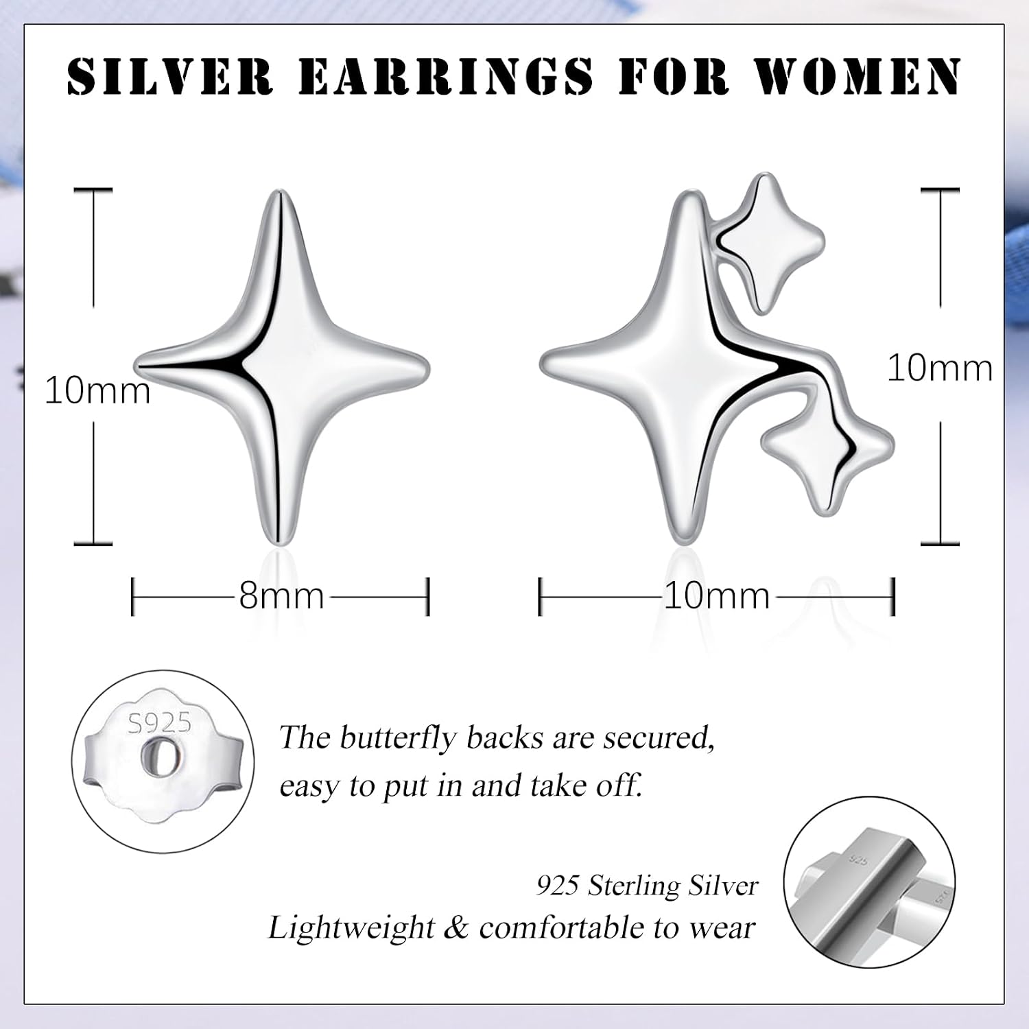 Detalle 2 de Deyanse 925 Sterling Silver Star Heart Cross Stud Earrings – Hypoallergenic Tiny Flat Studs