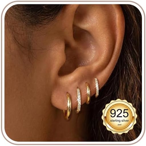 Detalle de ATTILA 4 Pairs 14K Gold Plated Hoop Earrings for Women – 8/8/10/12 mm, 925 Silver Posts