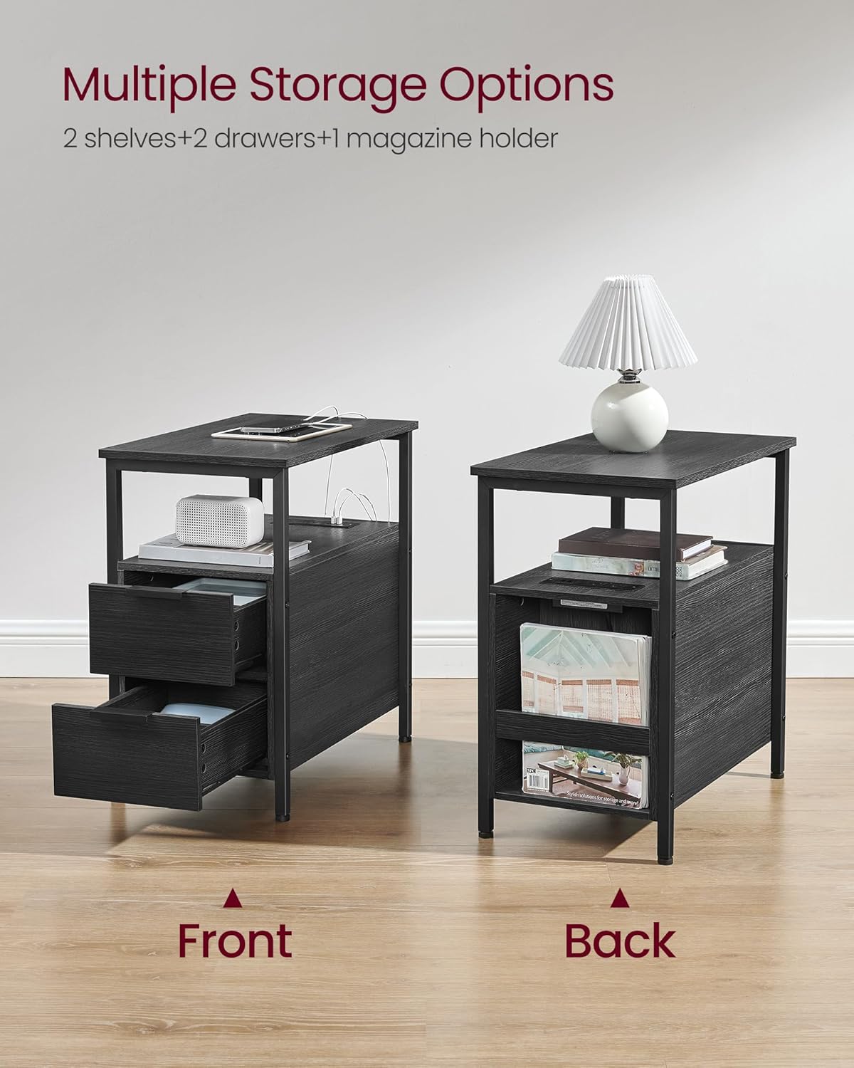 Detalle de VASAGLE ULET321B22V1S Side Table with Charging Station and 2 Drawers