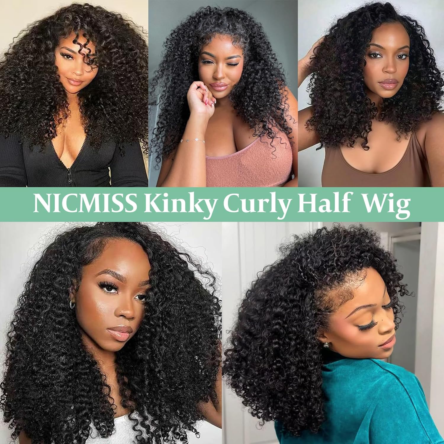 Thumbnail 6 de NICMISS Half Wig brésilienne Kinky Curly en cheveux humains 3-en-1 sans colle, 180% densité, 18 pouces