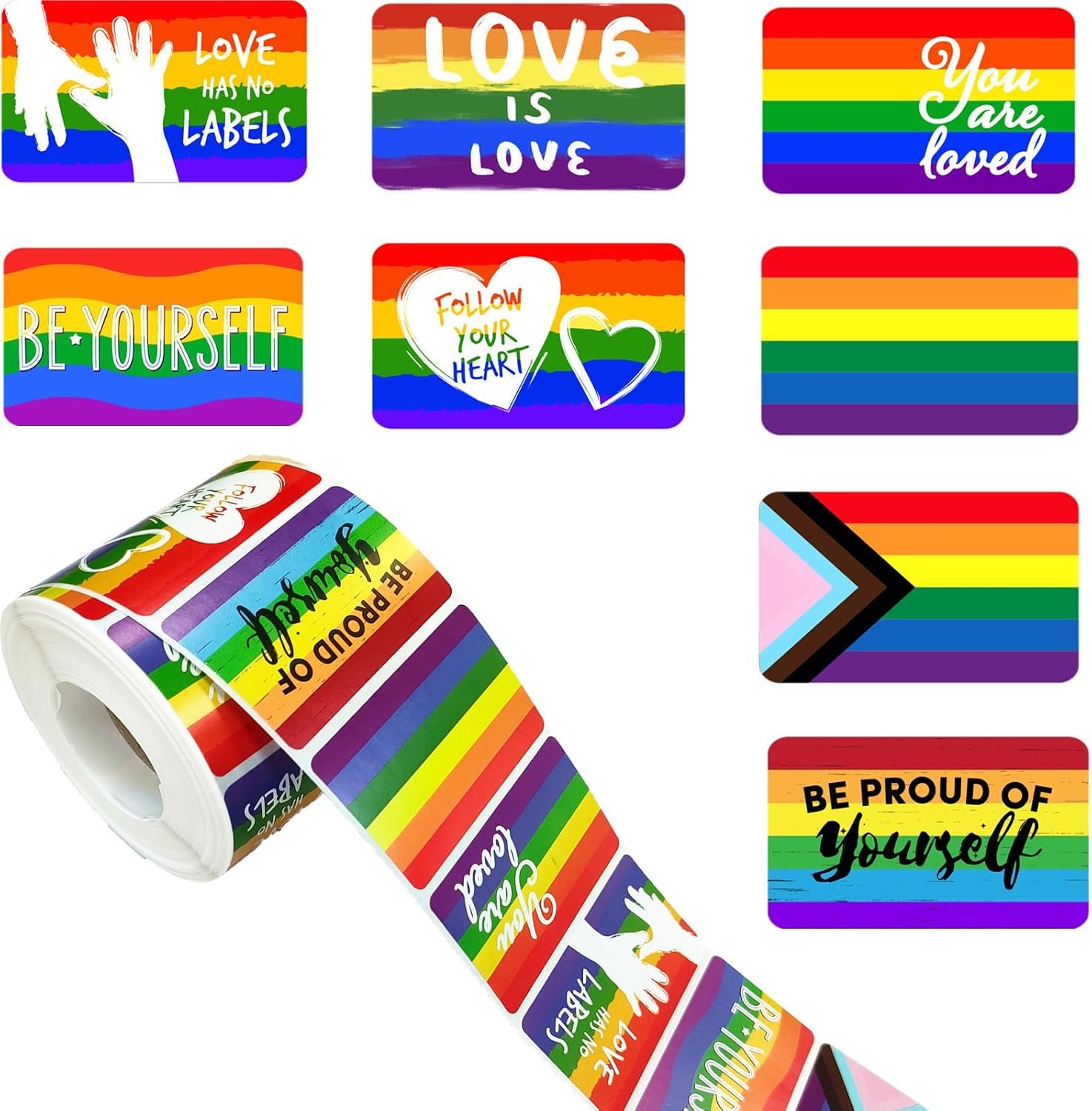 Imagen de 1000PCS Pride Stickers Roll for LGBTQ – 8 Rainbow Designs (1.2 x 2 inches) en OfertitasTOP