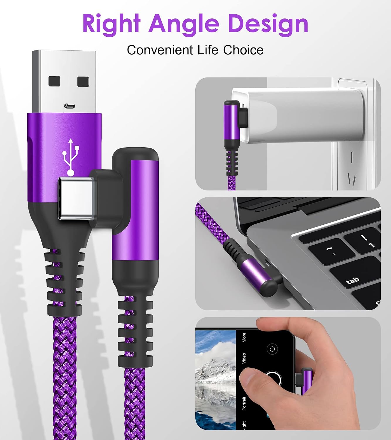 Detalle 2 de AviBrex USB-C Kabel 3.1A, 2er-Set, 3 m, 90° Winkel, Nylon