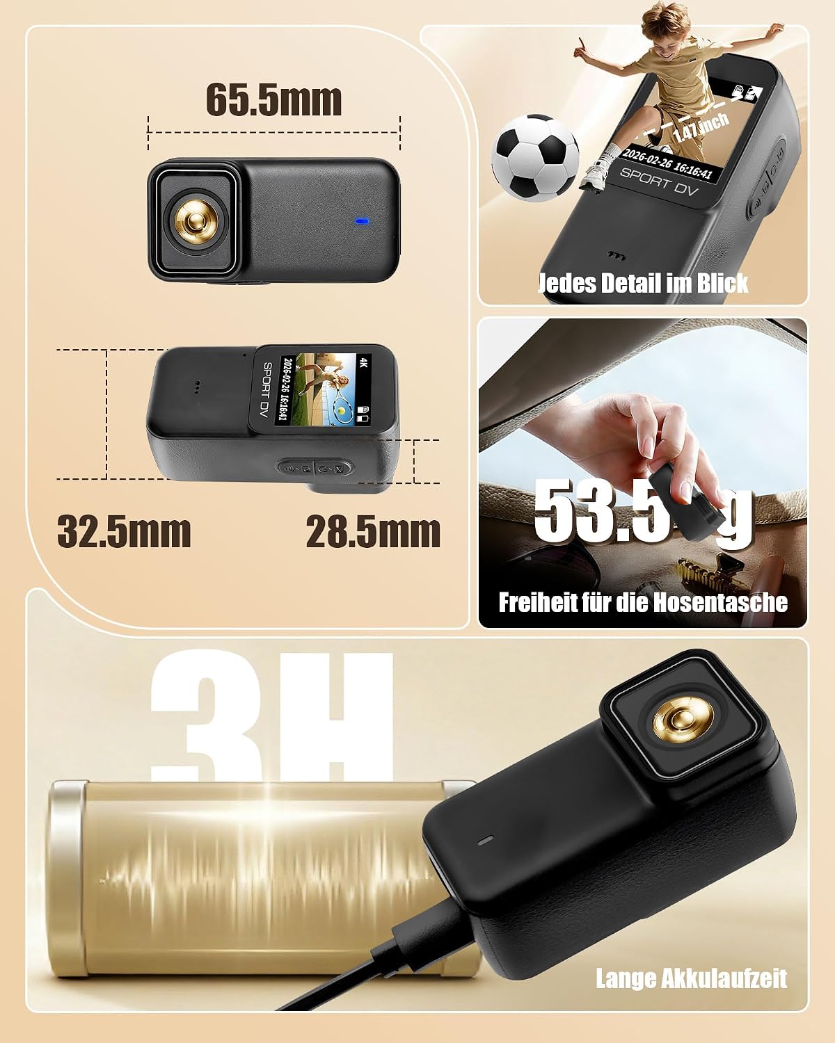 Detalle de NinjaCam NEU Action Cam 4K – POV-Kamera mit 64 GB, 30 m Wasserdicht, 1,47 Zoll Display