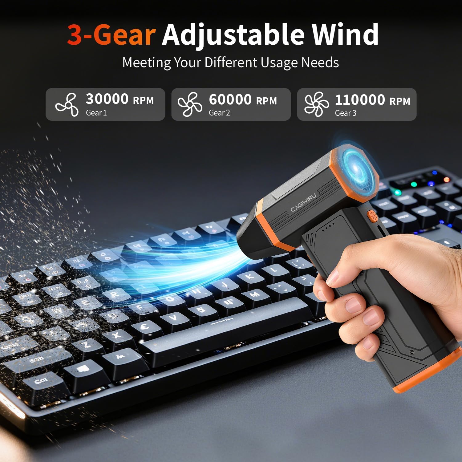 Detalle de CAGIWIRU W15 Cordless Air Duster, 110,000 RPM Brushless Motor, 3 Speeds