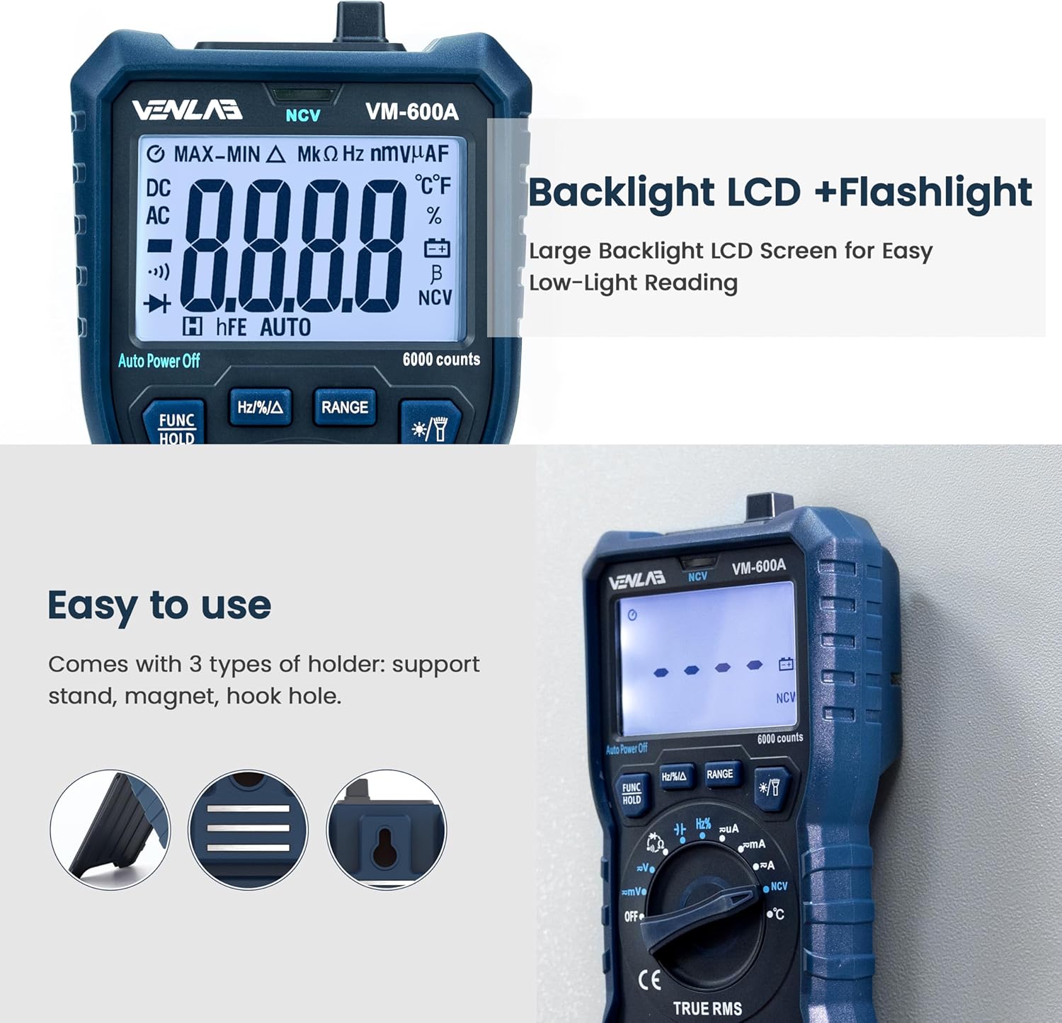 Detalle 1 de VENLAB digital multimeter TRMS, 6000 counts