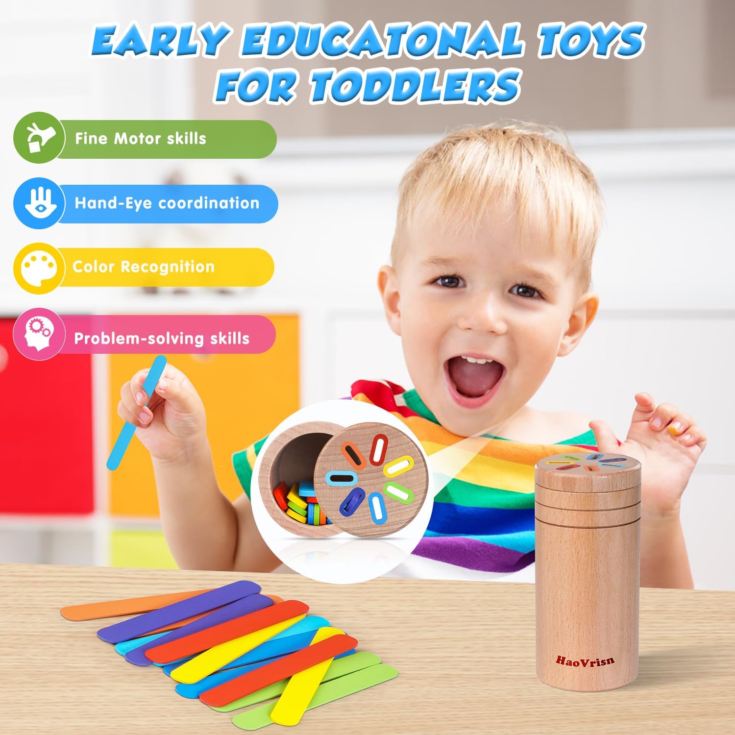 Detalle 2 de Giocattoli Montessori HaoVrisn da impilare e ordinare (1-3 anni) con forme e colori