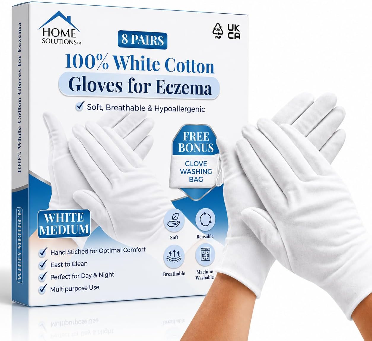Detalle de Cotton Gloves for Eczema: 8 Pairs of White, Overnight Moisturising Gloves