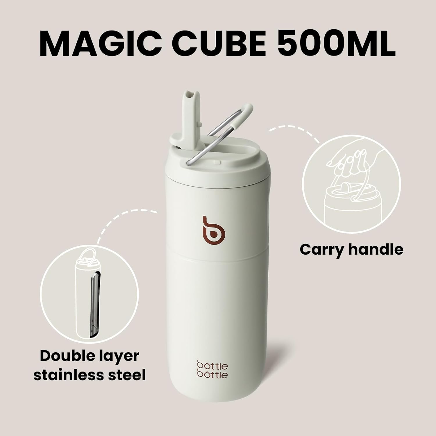 Thumbnail 2 de Bottle Bottle 500ml Insulated Water Bottle with Straw and Lid – Baby Gray