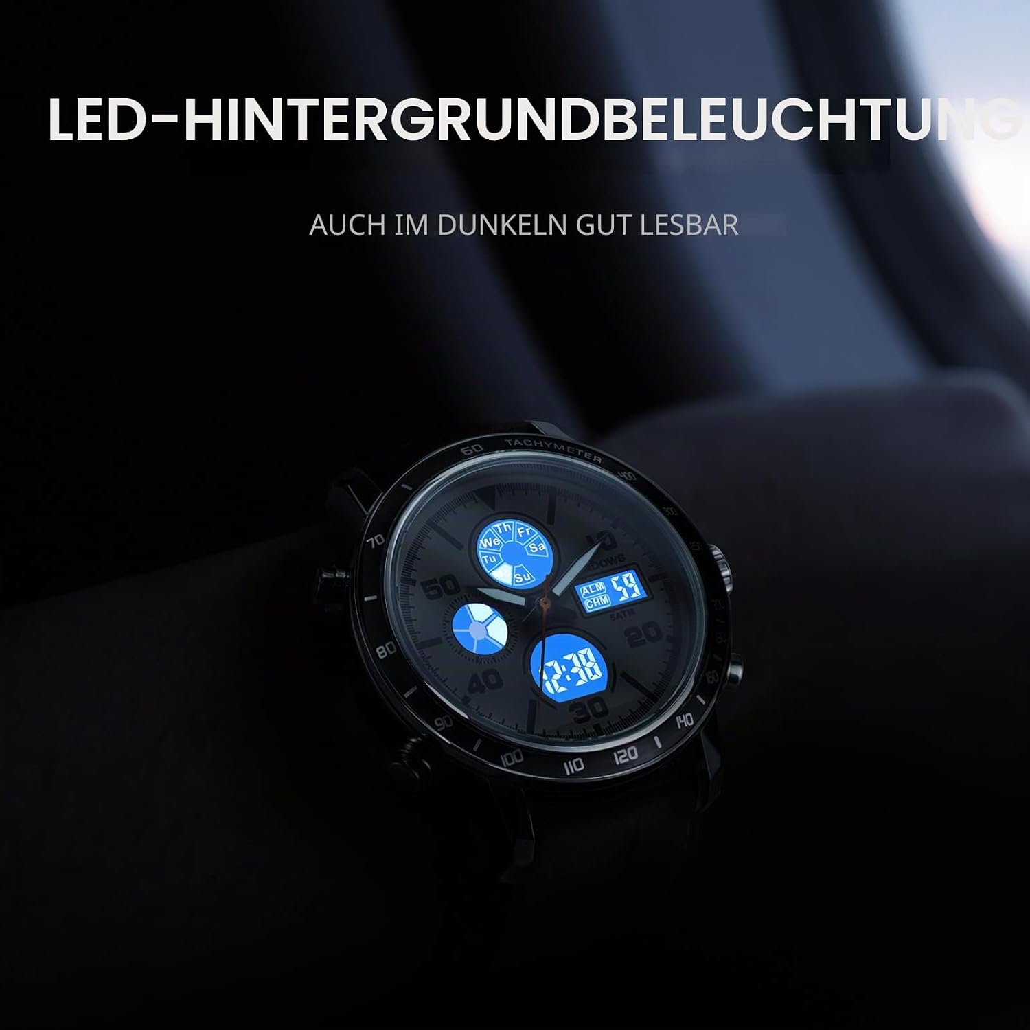 Detalle de PINDOWS Herrenuhren – Multifunktionale Lederuhr mit Dualzeit, 30 m Wasserdicht