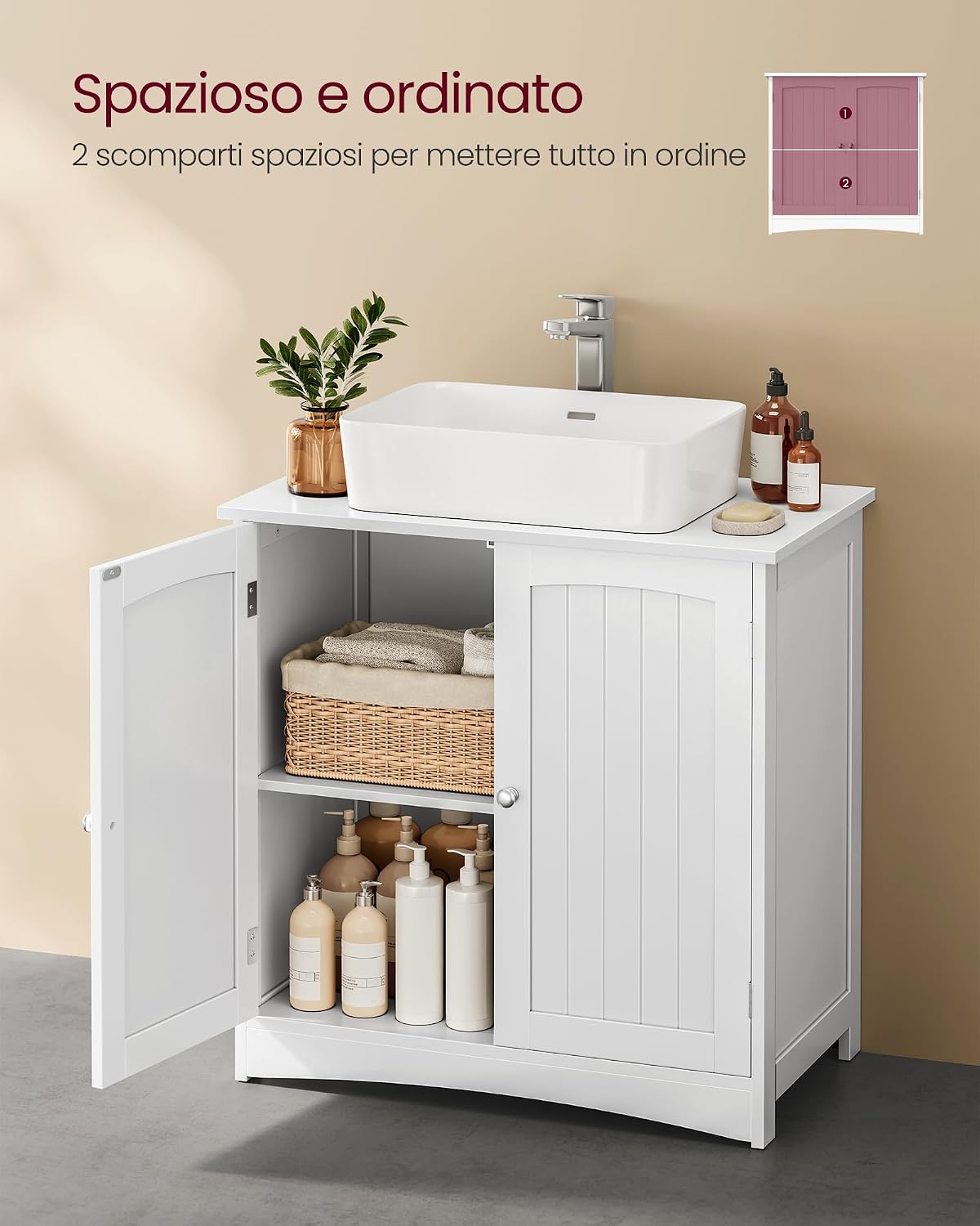 Detalle de VASAGLE Mobile Sottolavabo BBC011W01: Mobiletto da Bagno con 2 Ante e Ripiano Regolabile, 40 x 70 x 70 cm, Bianco Nuvola