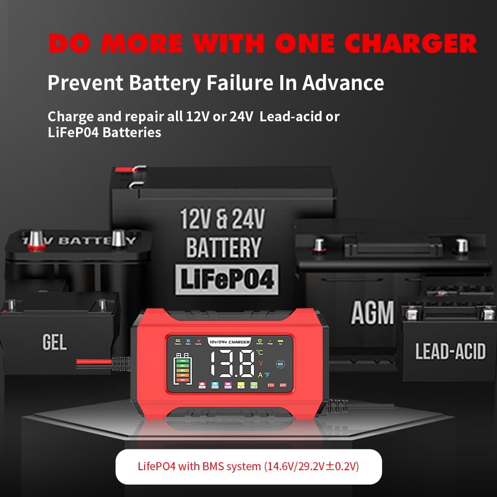 Detalle 2 de 24V 8A & 12V 15A Car Battery Charger: 2 in 1 LiFePO4 Battery Charger for Leisure, Lithium and Motorbike Batteries