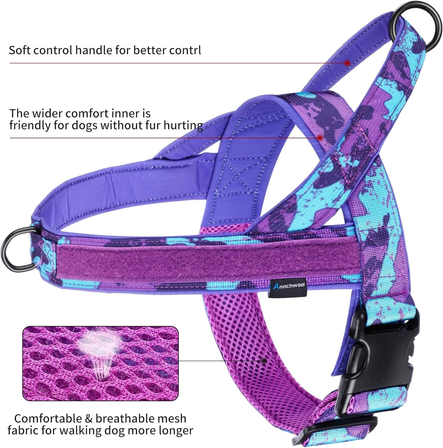 Detalle de Annchwool No Pull Dog Harness with Padded Handle + 5 Ft Leash (Camo Purple, Size S) for Training and Daily Walks