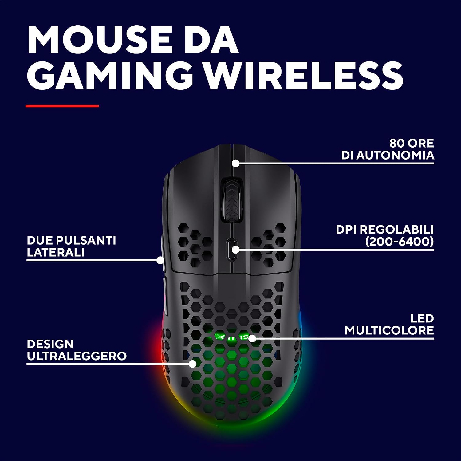 Detalle de GXTrust 929 Helox mouse gaming wireless superleggero 75g, 2.4GHz, DPI 800-4800 e batteria ricaricabile