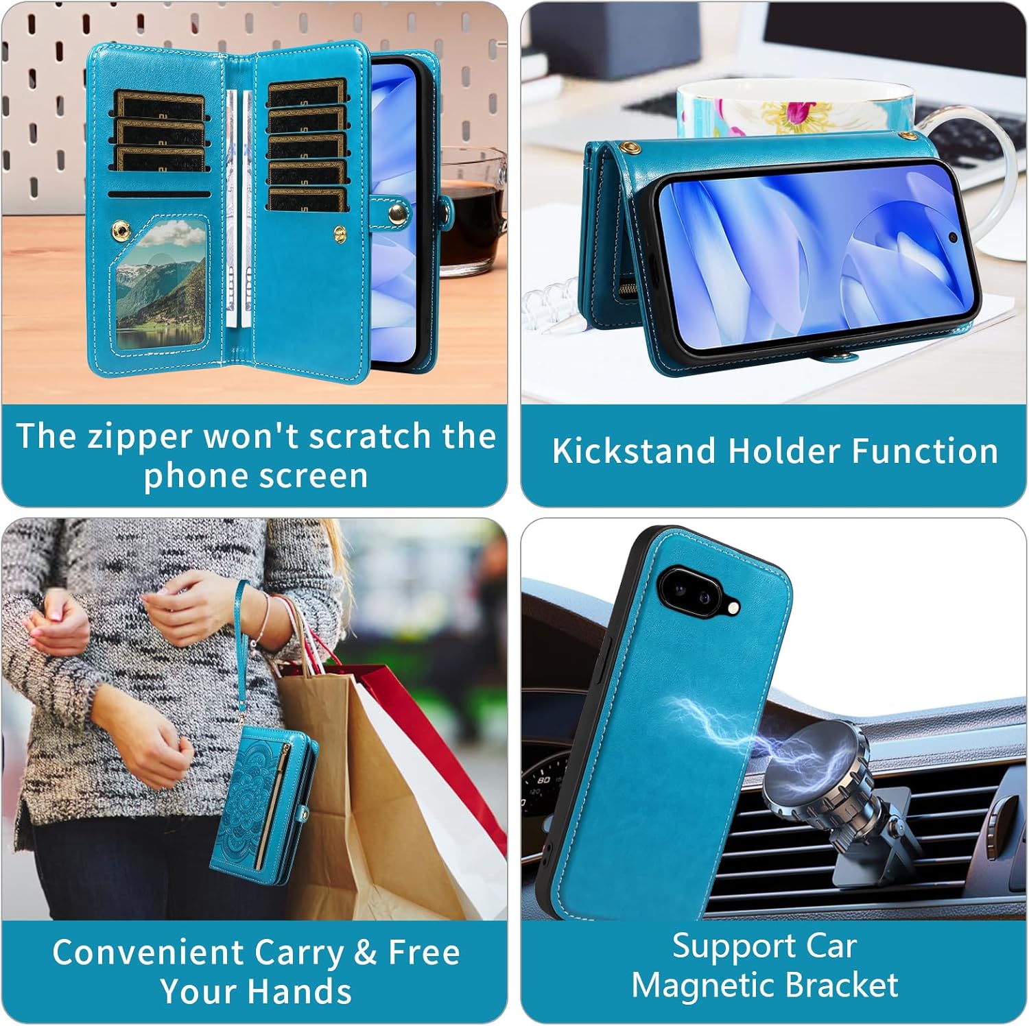 Thumbnail 4 de Asuwish Wallet Case for Google Pixel 9A with Zipper, Detachable Straps and Tempered Glass Protector