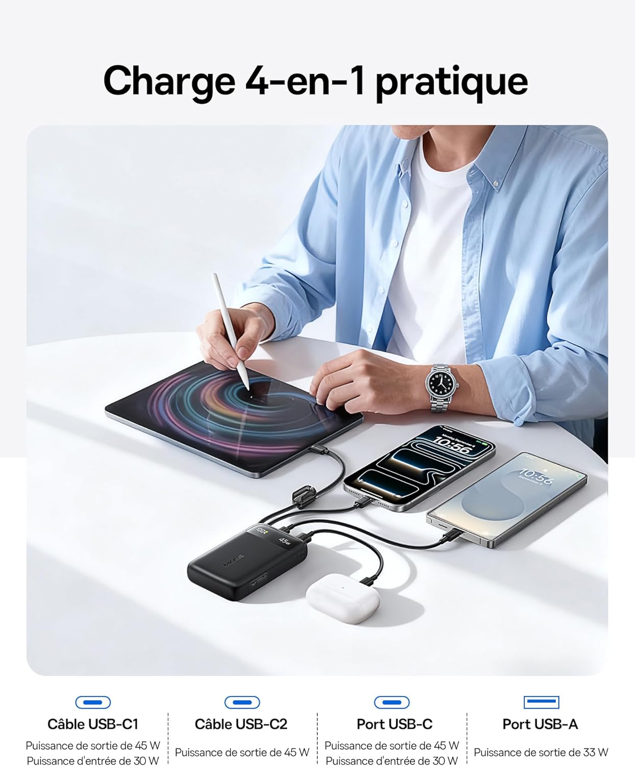 Thumbnail 4 de Baseus FC11 Powerbank Compact 45W 20000 mAh avec 2 câbles USB-C intégrés