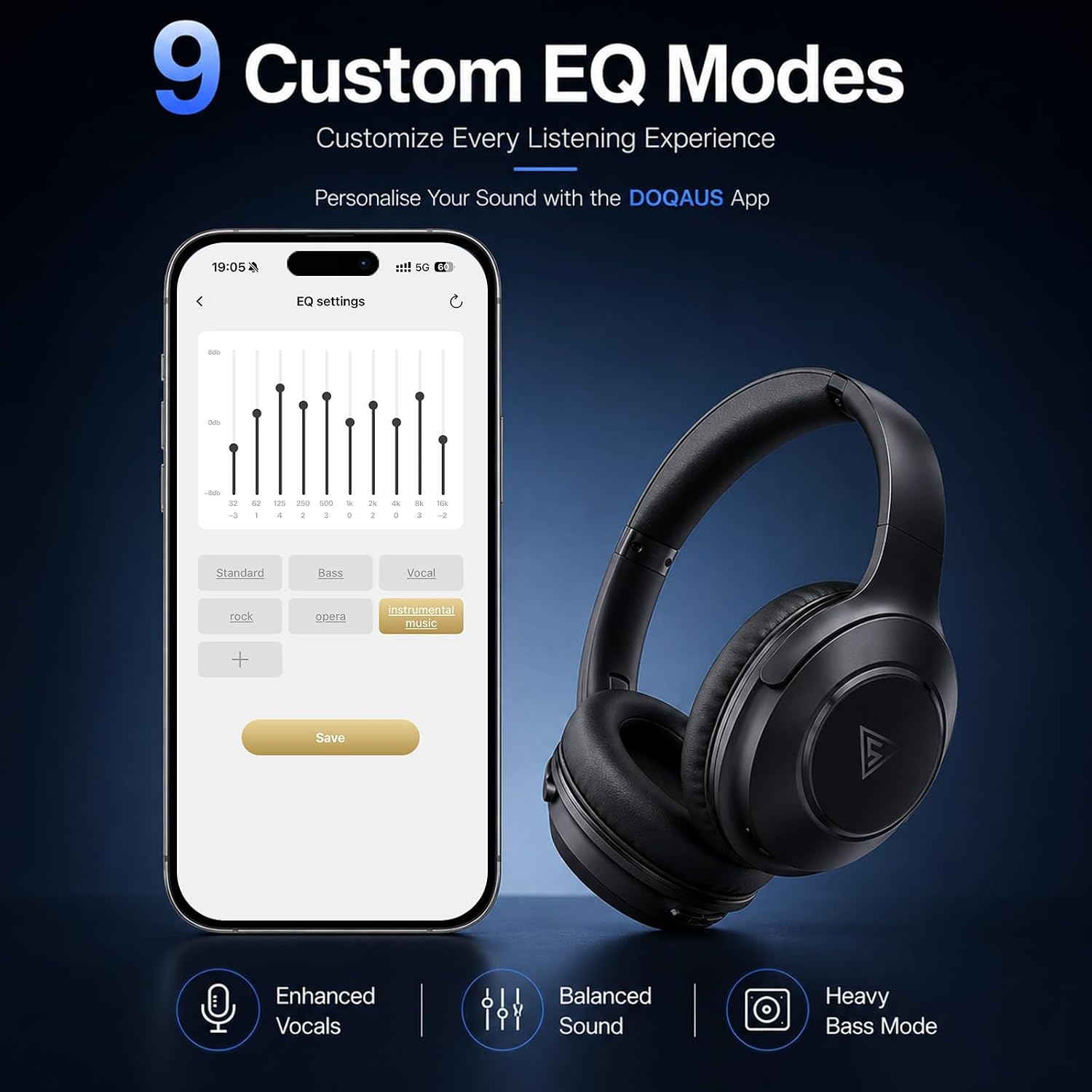 Thumbnail 2 de DOQAUS Life5 Wireless Over-Ear Headphones — 70h Playtime, BT 5.3, 3 EQ Modes, Foldable with Microphone (Black)