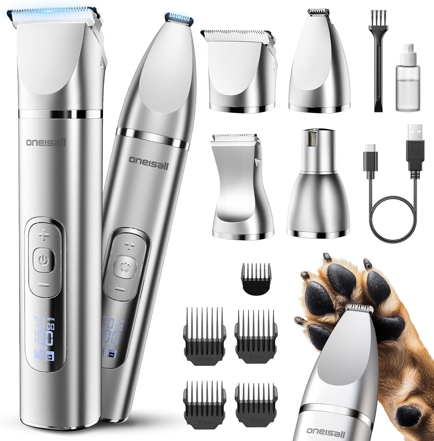 Detalle de oneisall 4 in 1 Hundeschermaschine Set – Leiser Multifunktions-Trimmer mit Nagelpflege (Silber)
