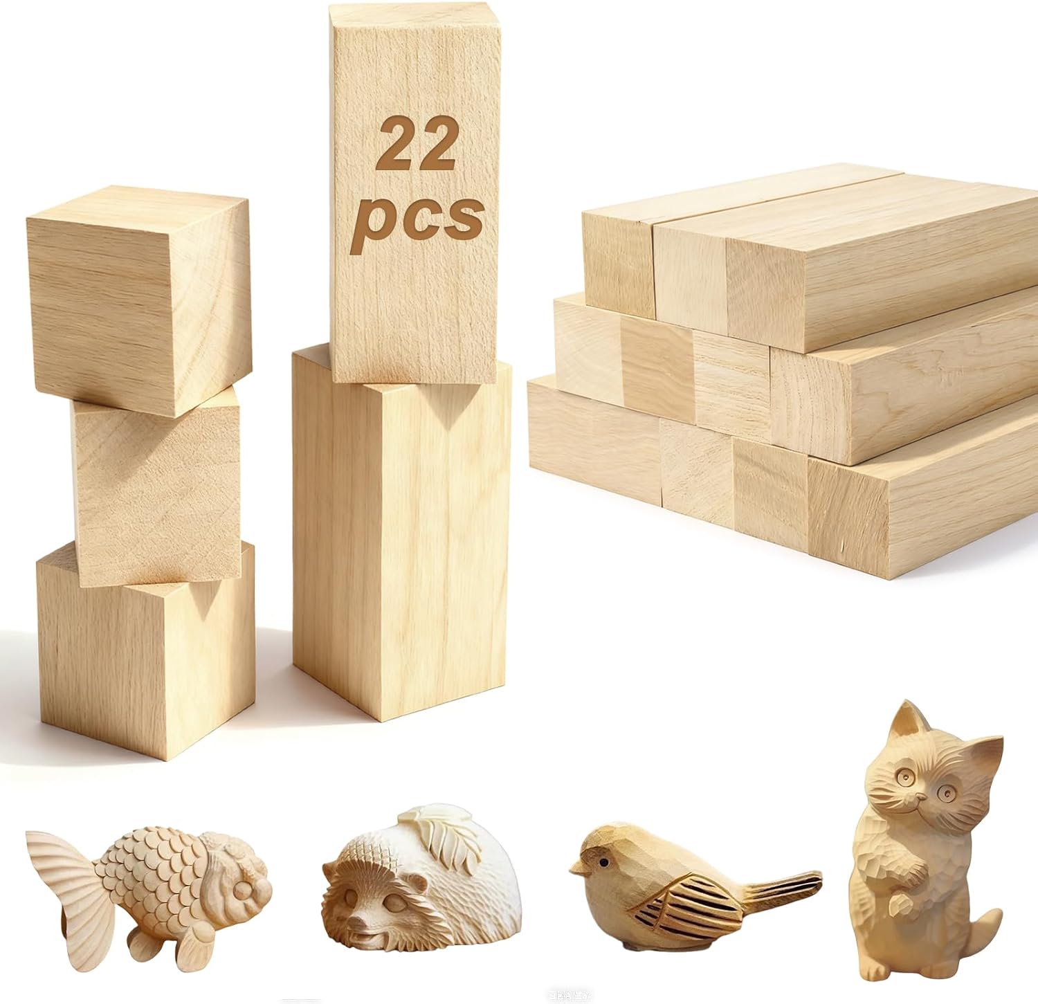 Schnitzholz Linde 22er-Pack Holzklötzchen (3 Größen) zum Schnitzen & Basteln