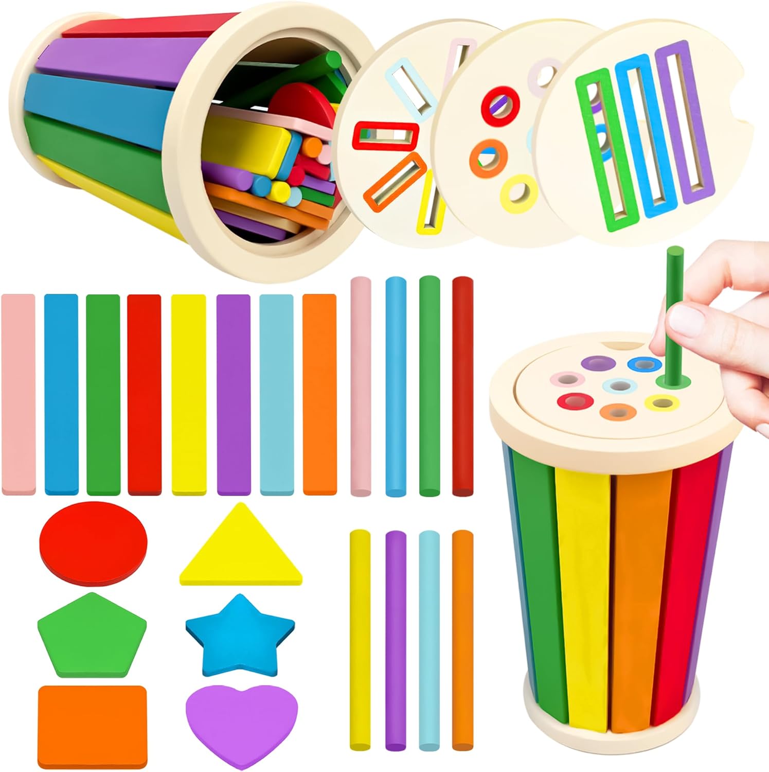 Detalle de Montessori Giocattoli 3 in 1 da 1 Anno: legno naturale, colori vivaci e sviluppo motorio