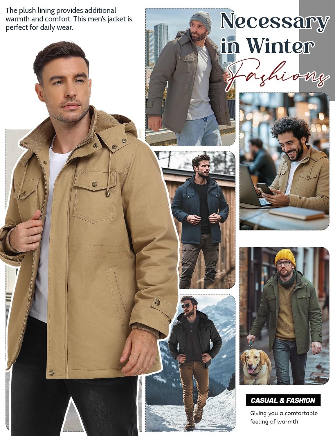 Detalle 2 de Xnova Men's Winter Parka Jacket with Fleece Lining and Removable Hood
