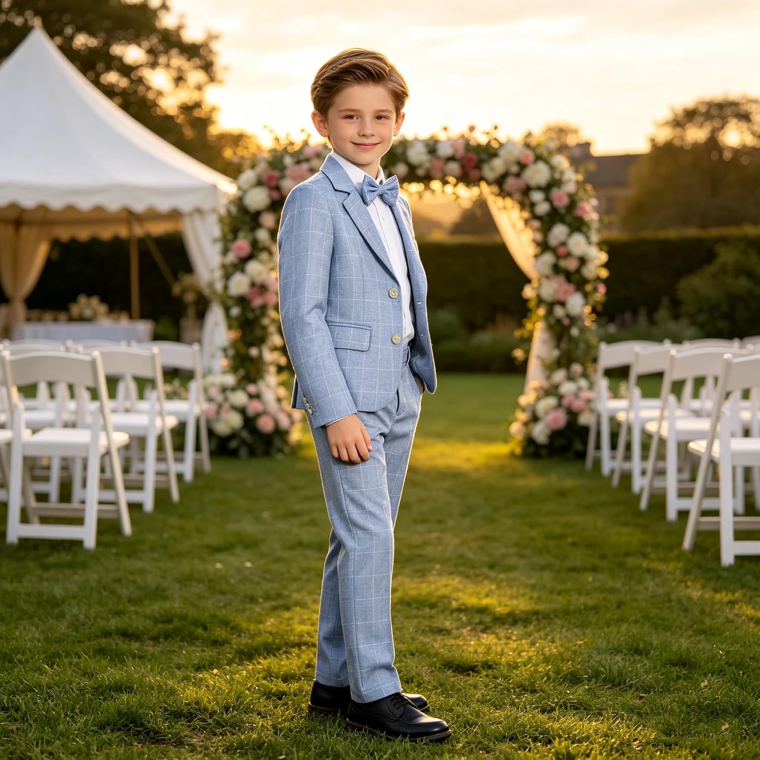Detalle 1 de LOLANTA Boys suit geruit jongenspak met blazer, broek en bijpassende vlinderdas