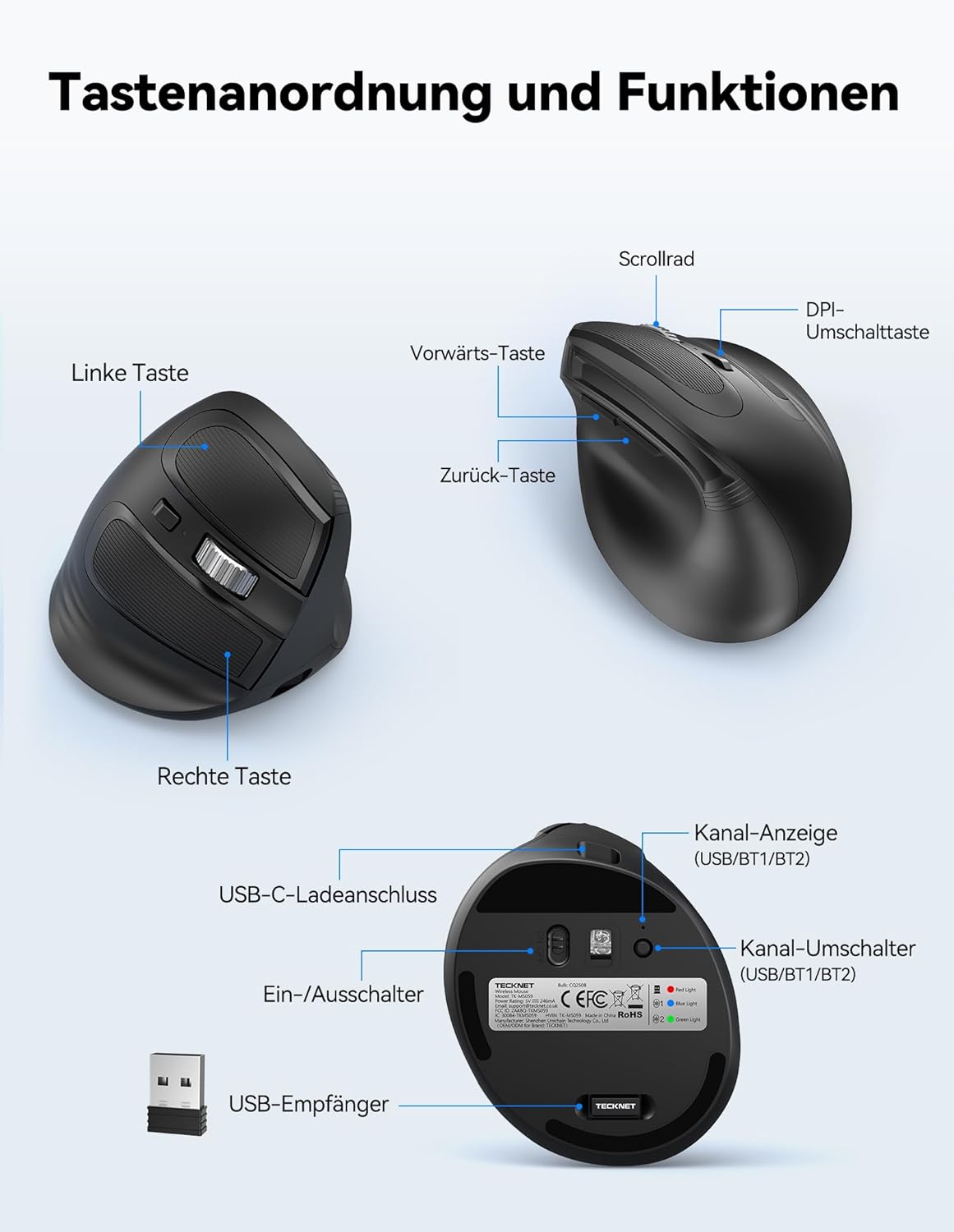 Detalle 2 de TECKNET Ergonomische vertikale Maus Bluetooth – kompakte Lösung für Rechtsanwender mit bis zu 4800 DPI