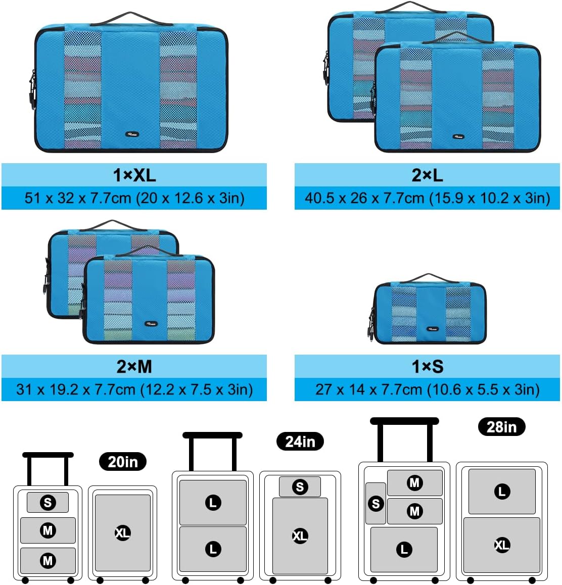 Detalle de RYACO Koffer-Organizer 7-teiliges Packwürfel-Set – wasserdichter Rucksack, Blau