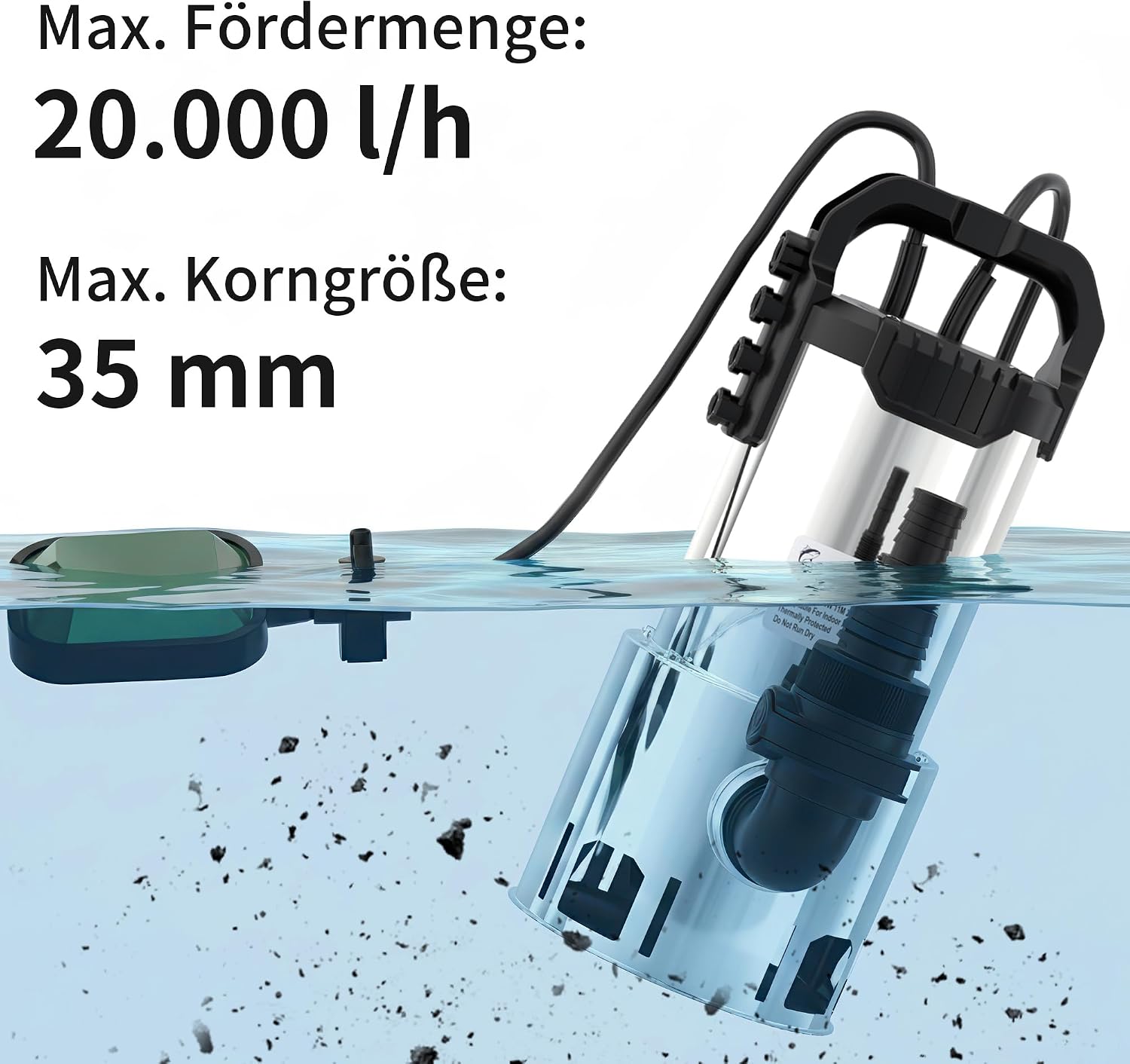 Detalle de LANCHEZ Edelstahl Schmutzwassertauchpumpe 1100W – 20.000 l/h, Förderhöhe 11 m, 35 mm Durchlass