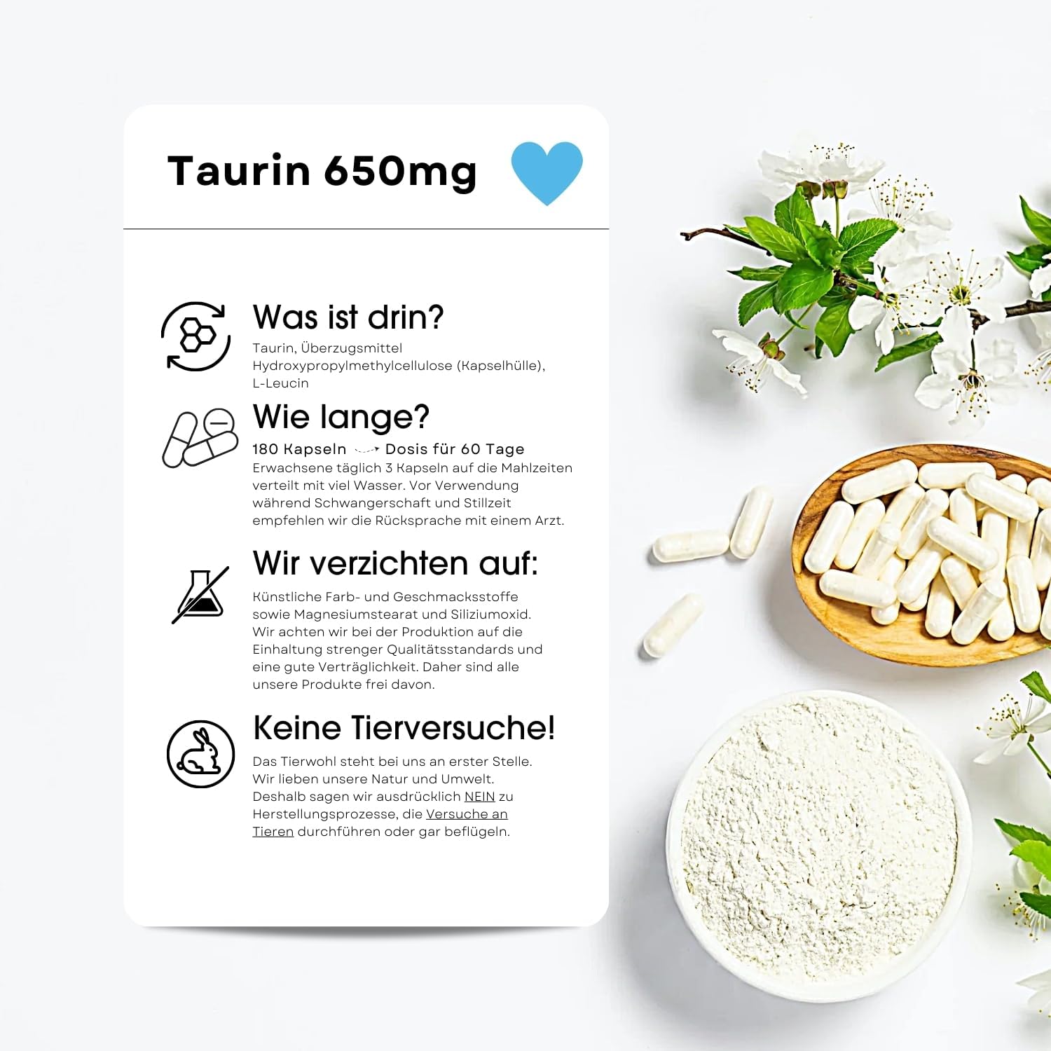 Detalle de Fair & Pure Taurin 650mg – Hochdosierte Vegane Taurin-Kapseln, 180 Stück, hergestellt in Deutschland