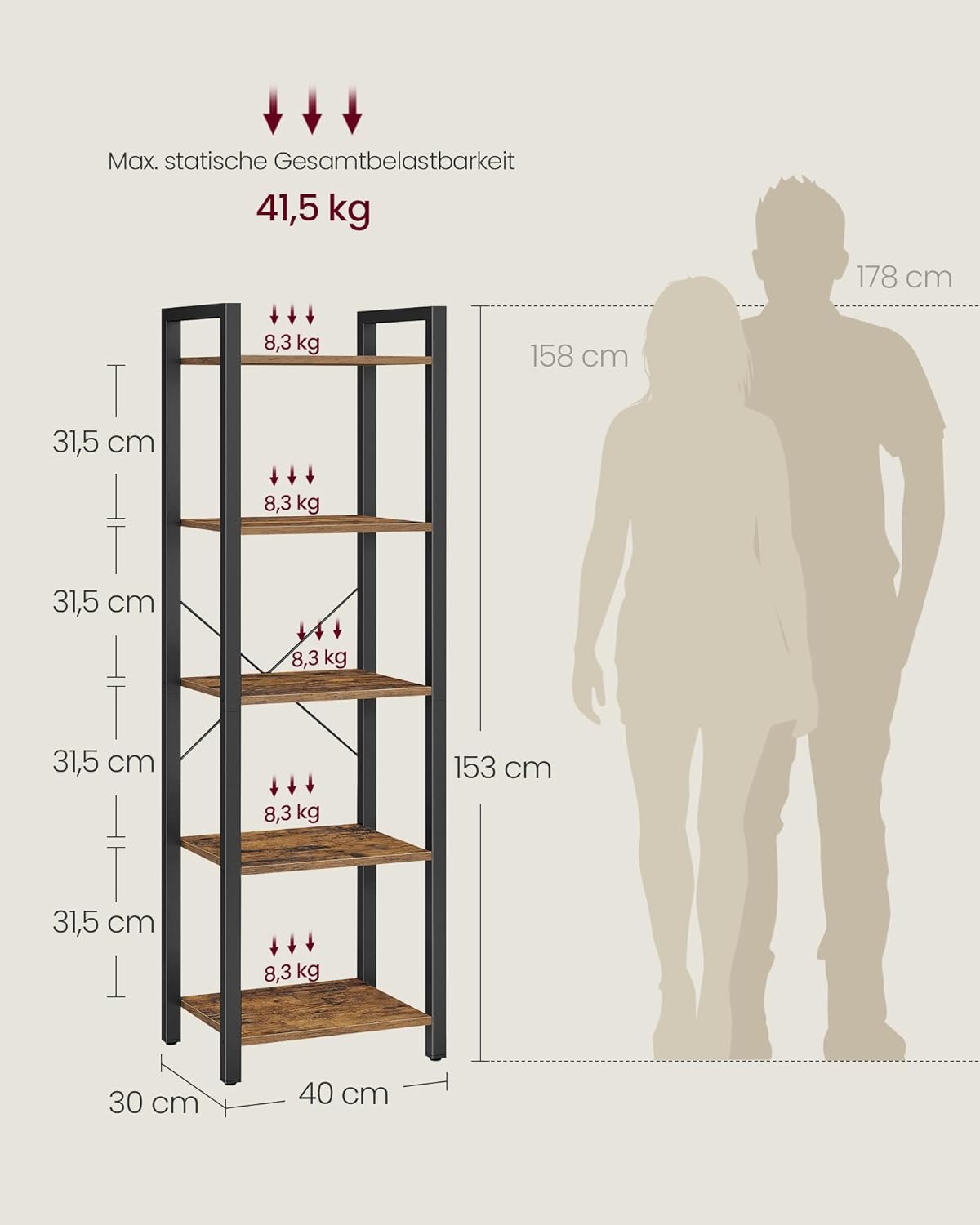 Thumbnail 2 de VASAGLE LLS100B01 Regal mit 5 Ebenen (30 x 40 x 153 cm) in vintagebraun-tintenschwarz