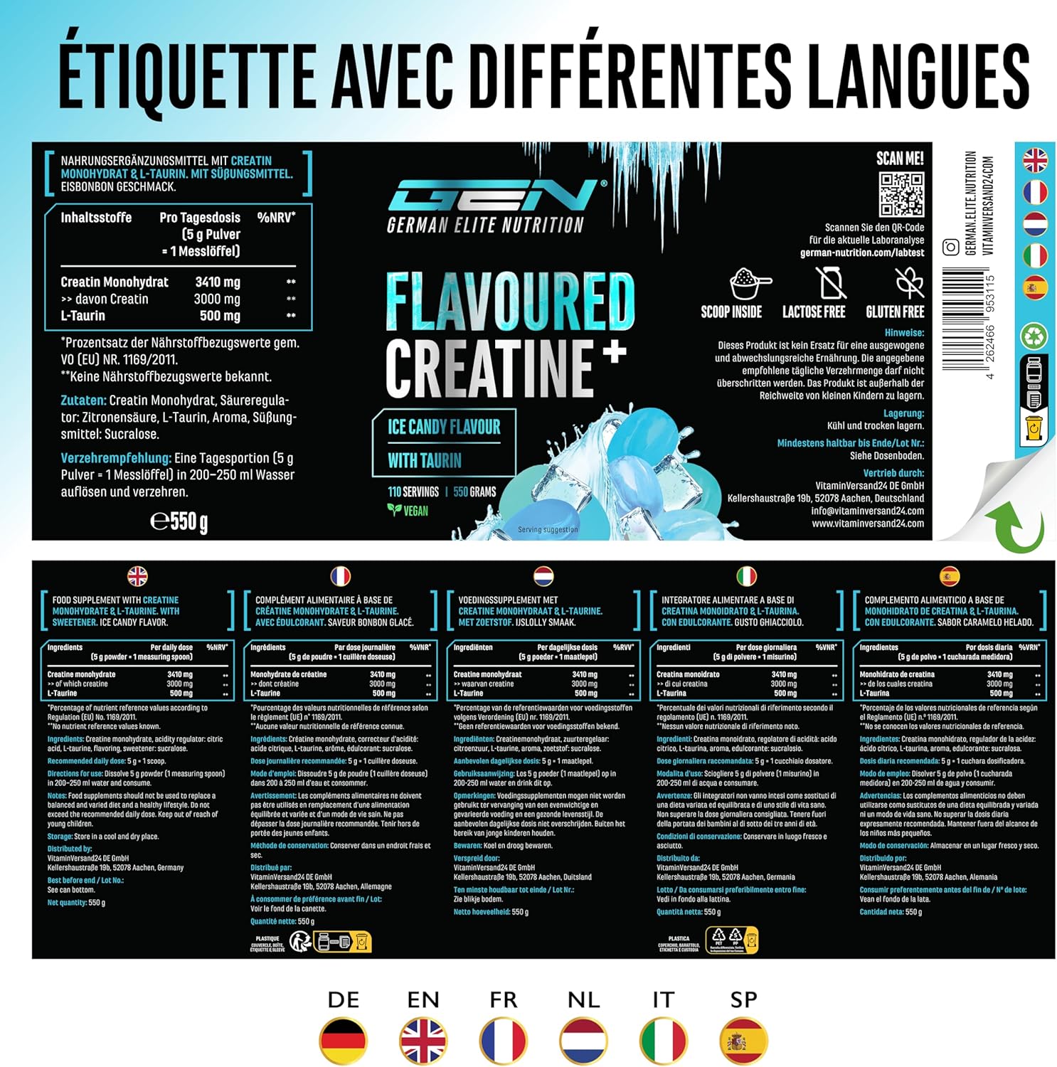 Thumbnail 5 de Flavoured Creatine poudre – 550 g, créatine monohydrate + L-taurine, aromatisée Ice Candy
