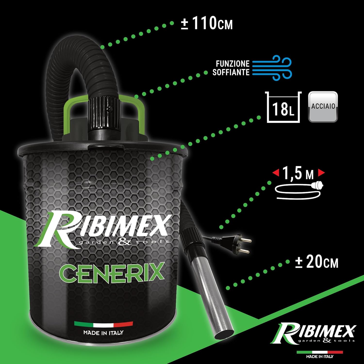 Thumbnail 3 de Ribimex Aspiracenere Elettrico Cenerix: 800 W, Filtro HEPA Lavabile e Funzione Soffiante per Cenere Fredde