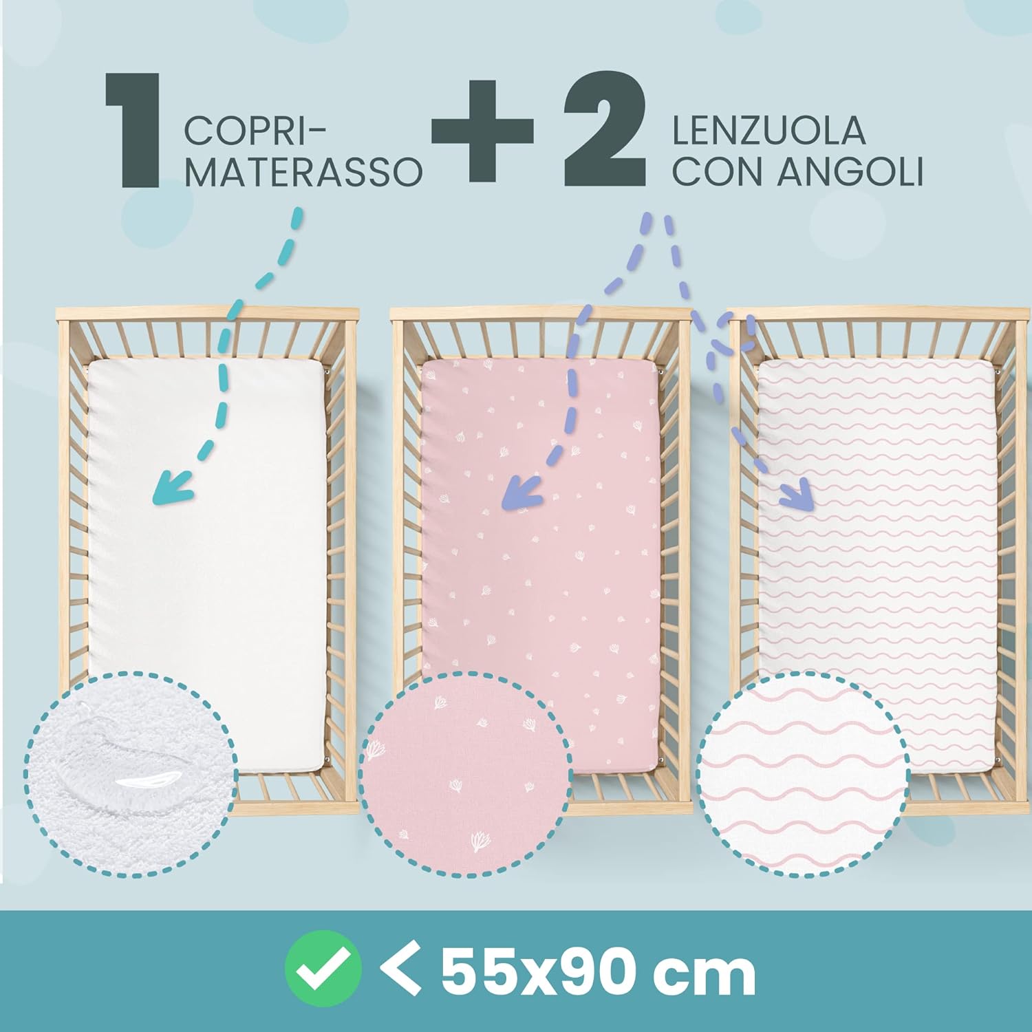 Thumbnail 1 de Set lenzuola 3-in-1 per culla/cododo 55x90 con coprimaterasso impermeabile 55x90 (rosa)