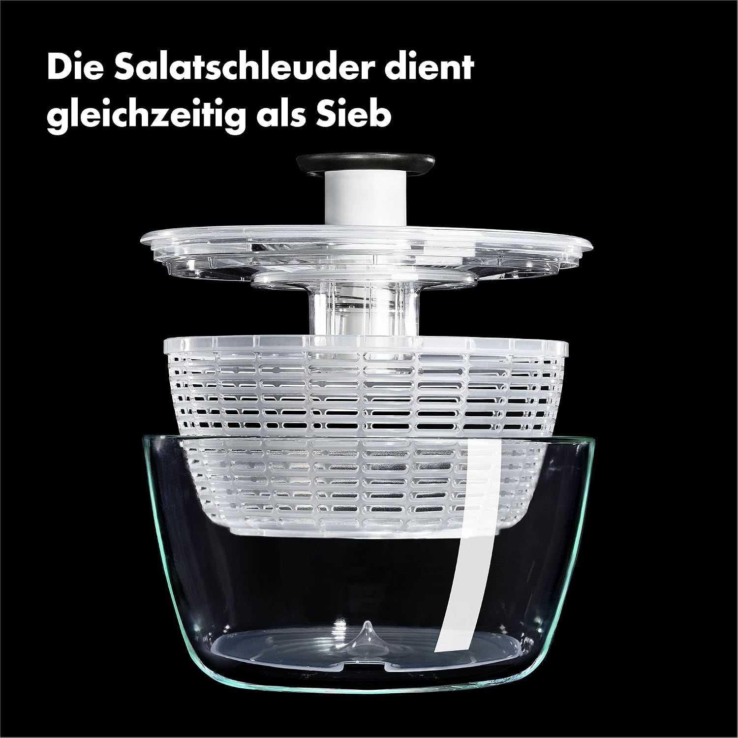 Detalle de OXO Good Grips Salatschleuder aus Glas mit Einhand-Pumpe und integrierter Bremse