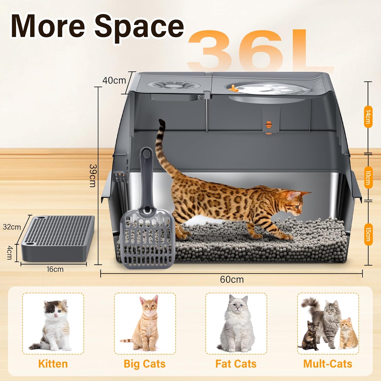 Thumbnail 1 de QEANY lettiera per gatti in acciaio inox XXL con coperchio 60 x 40 x 39 cm, grande e chiusa (con pala e tappetino)