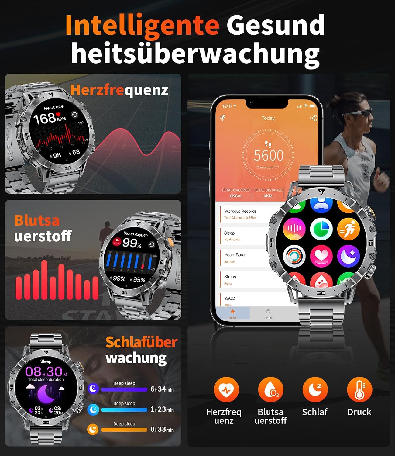 Thumbnail 4 de SUNKTA Smartwatch Herren 1,7 Zoll mit 1000 mAh Akku