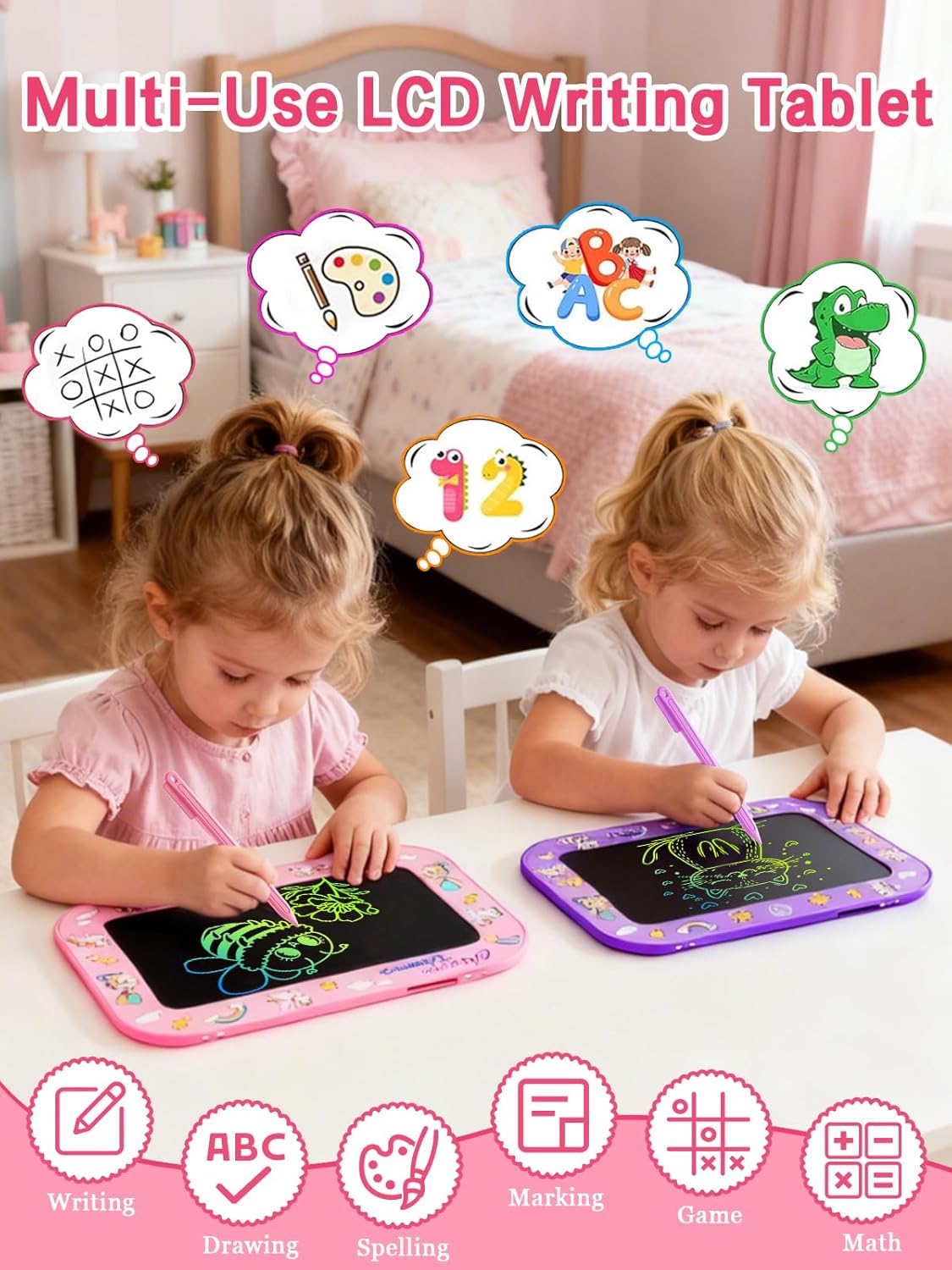 Detalle 2 de UZAHSK 2 Pack 10 Inch Colorful LCD Writing Board for Kids (Purple & Pink) – Reusable Doodle Boards