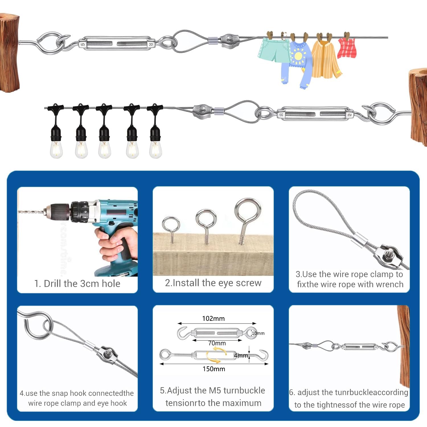 Detalle 2 de 35 m Drahtseil Rankhilfe-Set (2 mm, ummantelt) inkl. Seilspanner, Drahtseilklemmen & Zubehör