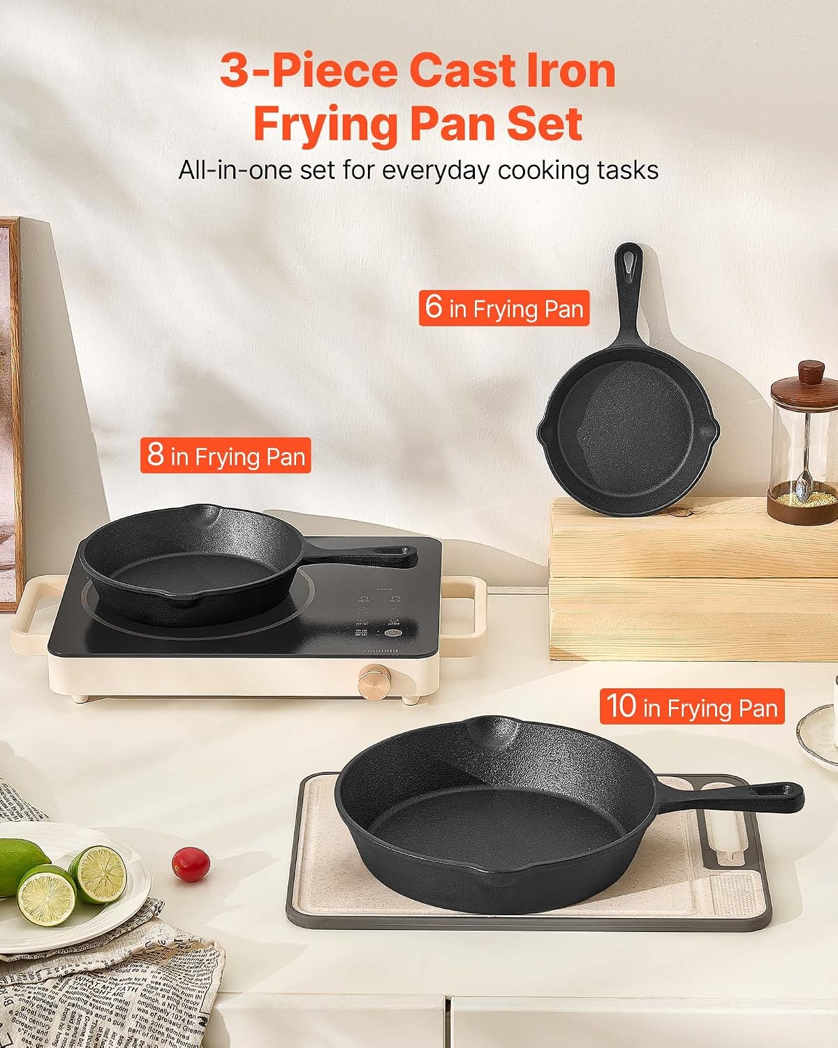 Detalle 2 de VEVOR Cast Iron Skillet Set, 3-Piece