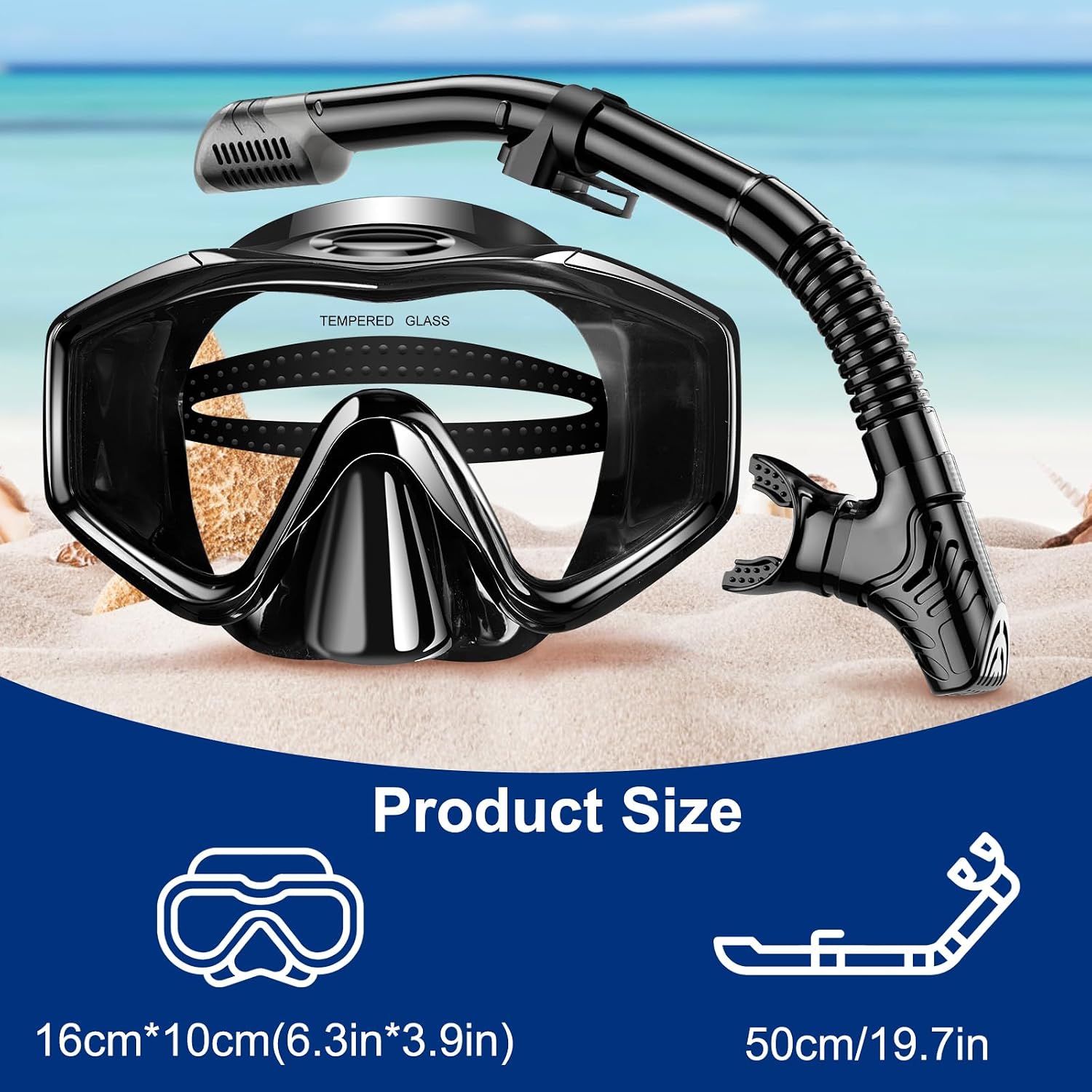Detalle de Snorkel Set Adults: Anti-Fog Panoramic Goggles with Dry-Top Snorkel