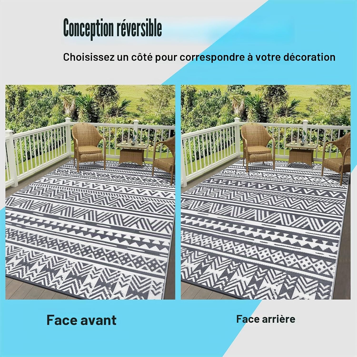 Detalle de Tapis d’extérieur réversible Enyhom 270 x 360 cm – Gris Plastique Durable, résistant UV et polyvalent