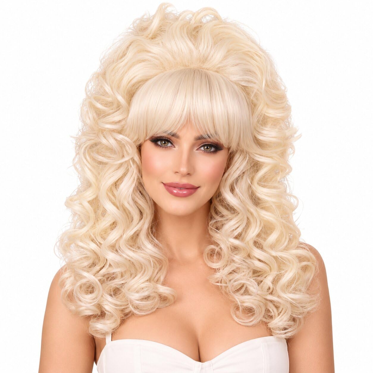 Detalle de FantaLook Blonde Long Curly Wig with Bangs for Retro Costumes and Cosplay