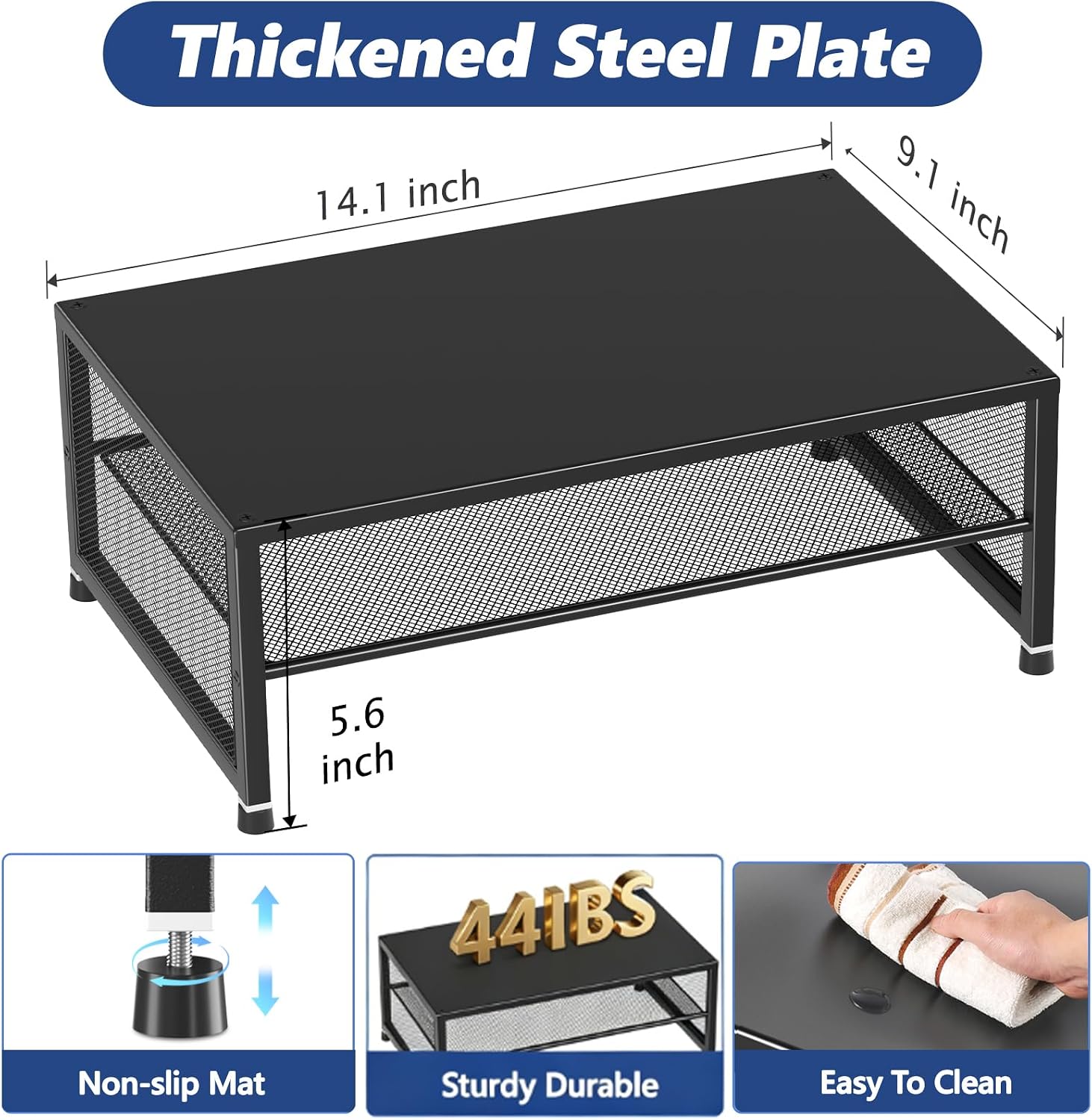 Detalle de OPNICE 2-Tier Monitor Stand Riser, Black Steel Desk Organizer, 44 lb Capacity