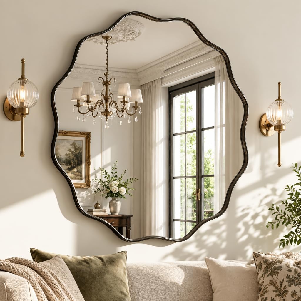 Detalle de HARRITPURE 30" Scalloped Round Wall Mirror, Black Wavy Metal Frame