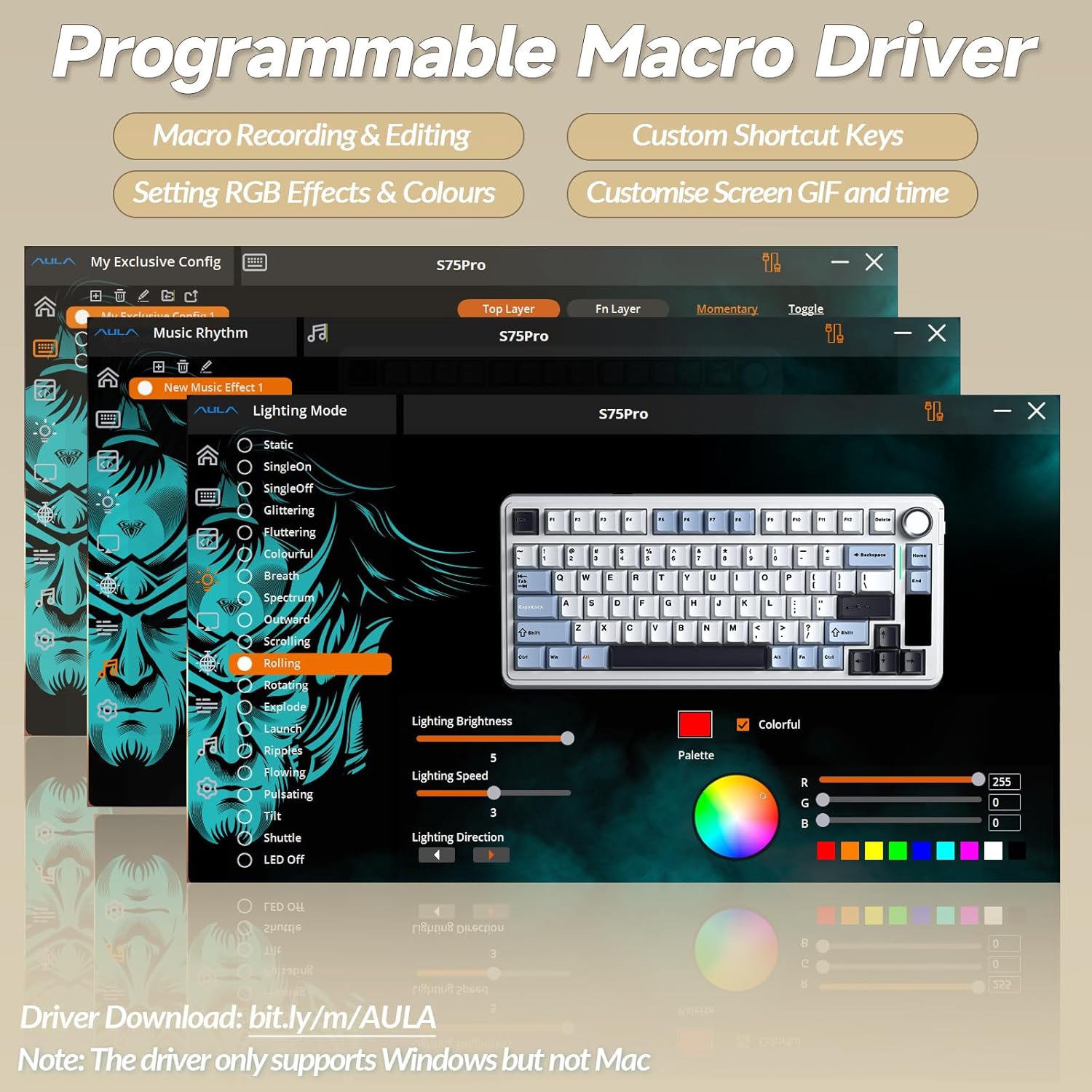 Thumbnail 6 de AULA S75 Pro Gaming Tastatur (75 %) – kabellos per Bluetooth 5.0 & 2,4G, mit Display, Hot Swap und RGB (Milchkaffee)